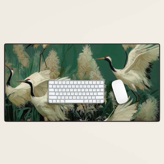 Japanese Poster Heron chinoiserie Print Bird Wall Art asian Japandi Wall Art sage green Painting Desk Mat Gallery Image 1