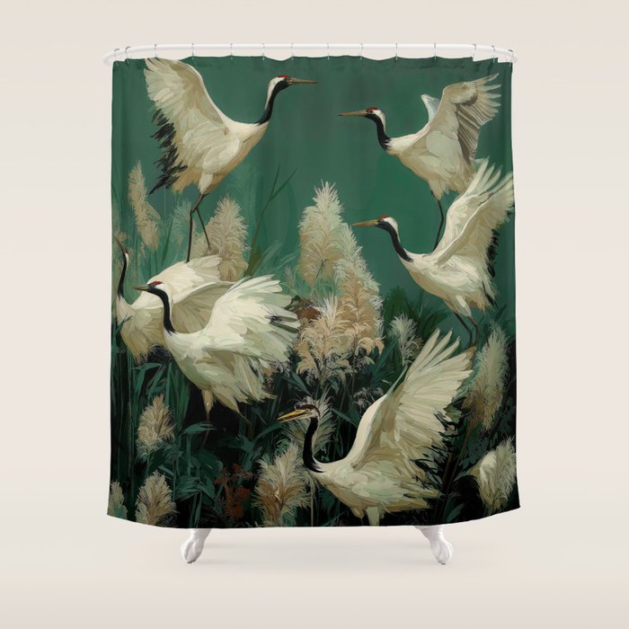 Japanese Poster Heron chinoiserie Print Bird Wall Art asian Japandi Wall Art sage green Painting Shower Curtain Gallery Image 1