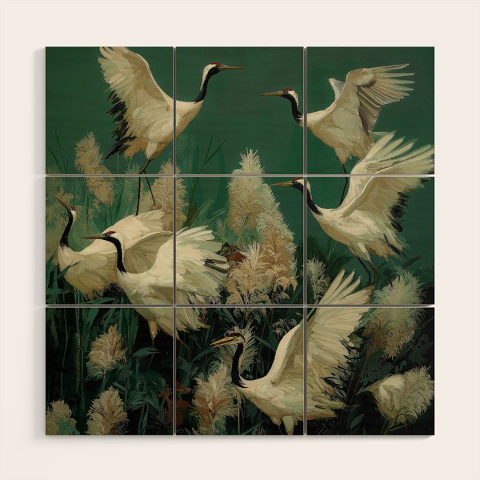 Japanese Poster Heron chinoiserie Print Bird Wall Art asian Japandi Wall Art sage green Painting Wood Wall Art Gallery Image 1