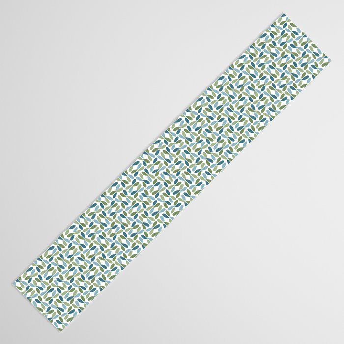 Retro Mid Century Modern Abstract Leaf Pattern Teal Blue Dill Green Table Runner Gallery Image 3
