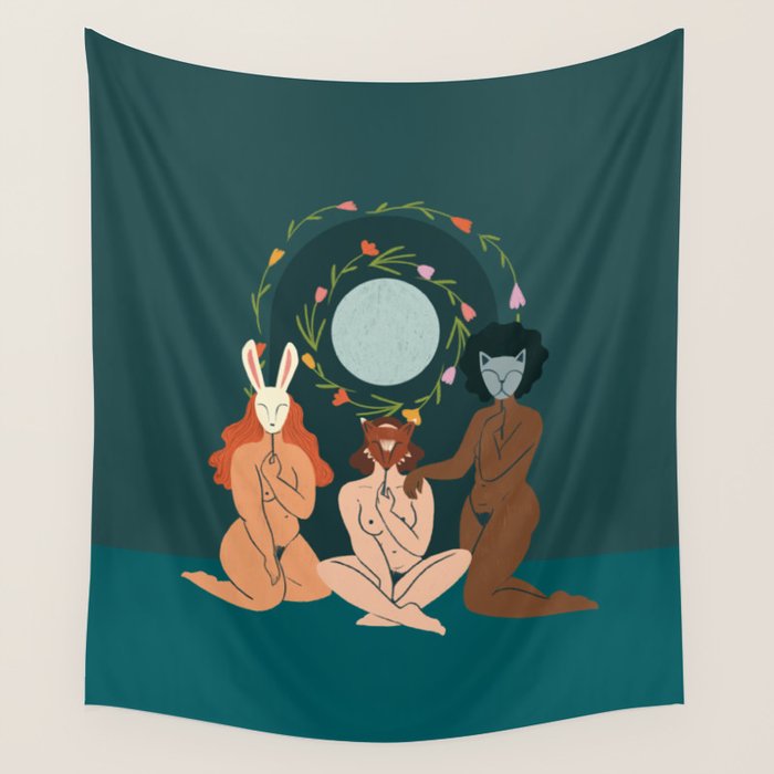 Spring Ritual // Women with animal masks Wall Tapestry Gallery Image 1