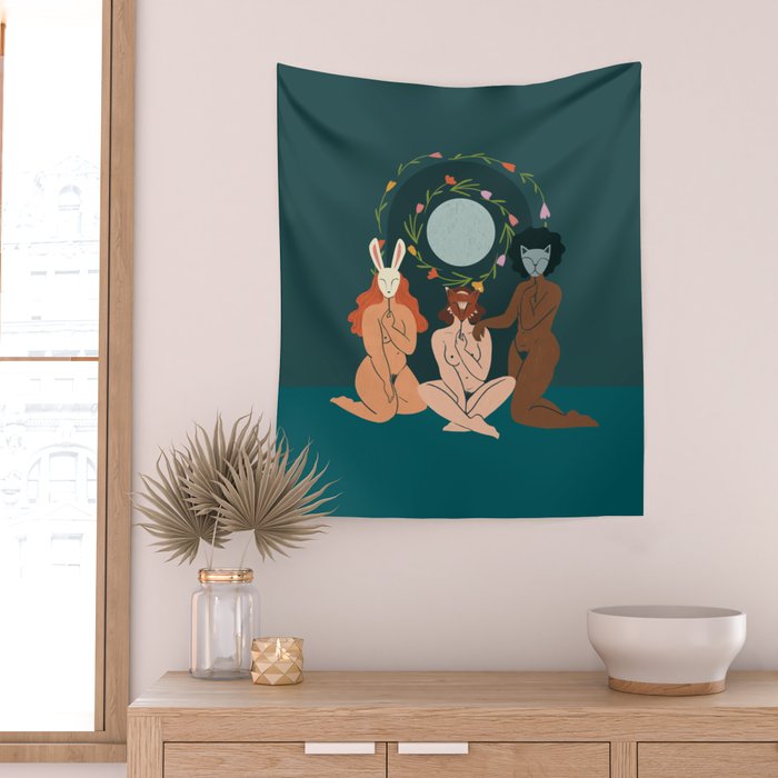 Spring Ritual // Women with animal masks Wall Tapestry Gallery Image 2