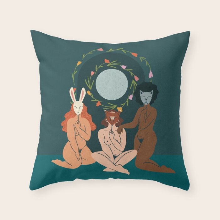Spring Ritual // Women with animal masks Throw Pillow Gallery Image 6