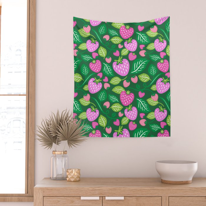Strawberry Fields - Pink and Green Wall Tapestry Gallery Image 2