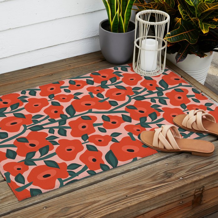 Charming vintage orange poppies flower bed Outdoor Rug Gallery Image 2