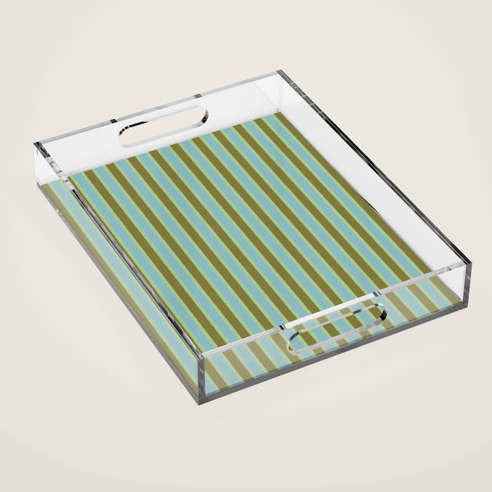 Rough Stripes Vertical Pattern in Olive Green Arctic Blue and Chartreuse Acrylic Tray Gallery Image 1