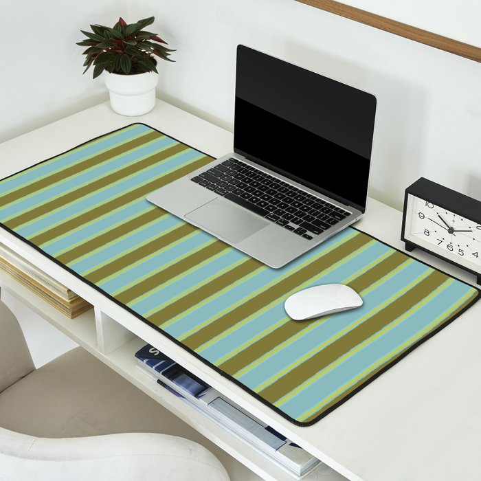 Rough Stripes Vertical Pattern in Olive Green Arctic Blue and Chartreuse Desk Mat Gallery Image 2