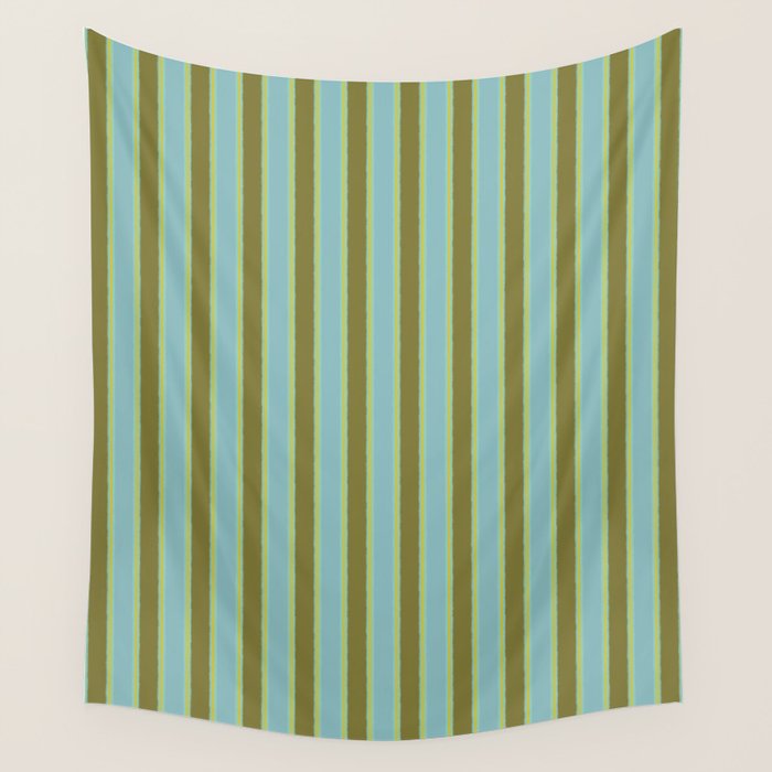 Rough Stripes Vertical Pattern in Olive Green Arctic Blue and Chartreuse Wall Tapestry Gallery Image 4