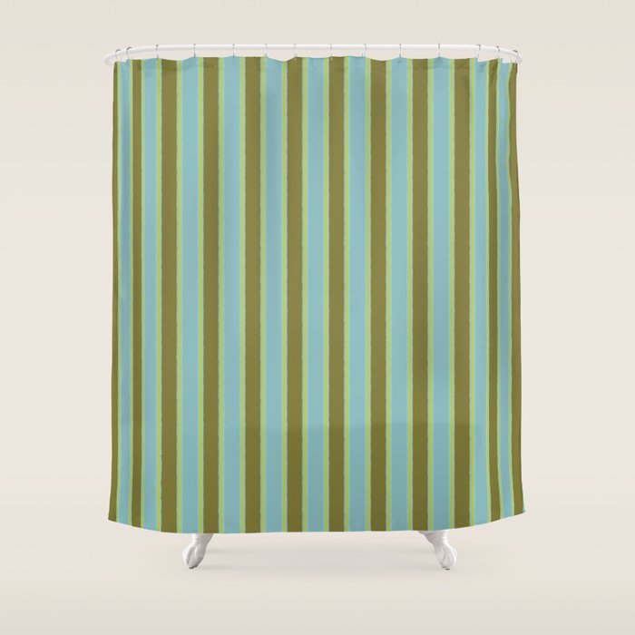 Rough Stripes Vertical Pattern in Olive Green Arctic Blue and Chartreuse Shower Curtain Gallery Image 1