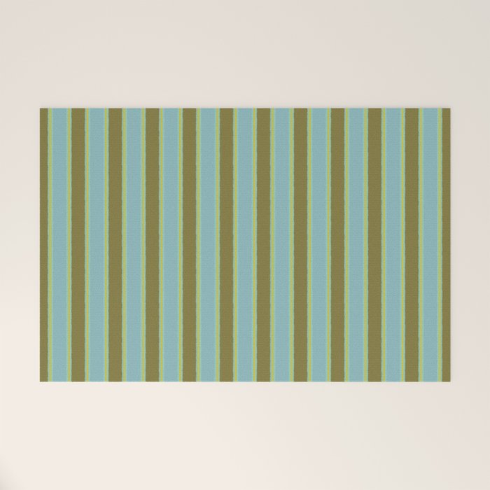 Rough Stripes Vertical Pattern in Olive Green Arctic Blue and Chartreuse Welcome Mat Gallery Image 1