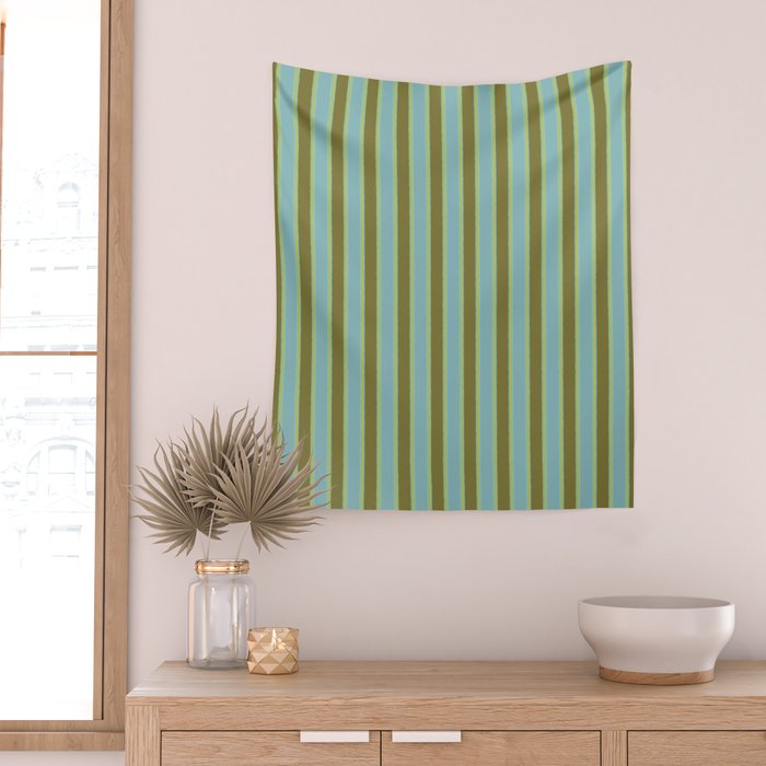 Rough Stripes Vertical Pattern in Olive Green Arctic Blue and Chartreuse Wall Tapestry Gallery Image 2
