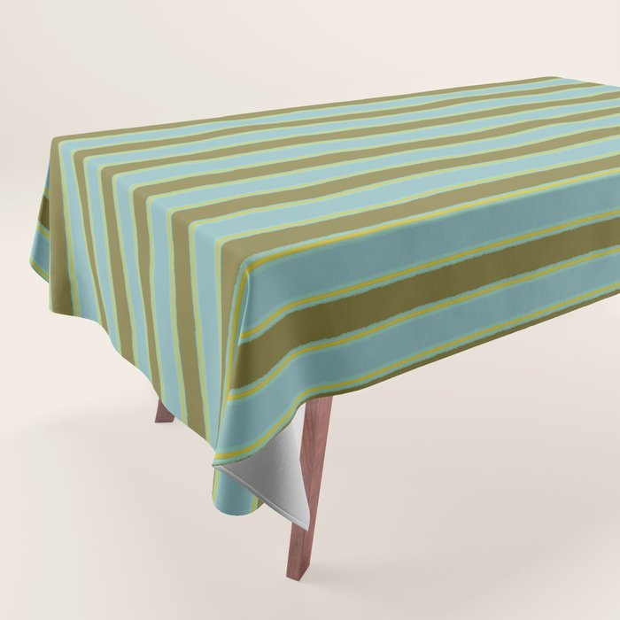 Rough Stripes Vertical Pattern in Olive Green Arctic Blue and Chartreuse Tablecloth Gallery Image 1