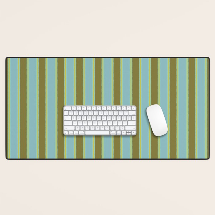 Rough Stripes Vertical Pattern in Olive Green Arctic Blue and Chartreuse Desk Mat Gallery Image 1