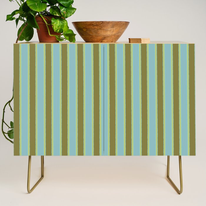 Rough Stripes Vertical Pattern in Olive Green Arctic Blue and Chartreuse Credenza Gallery Image 1