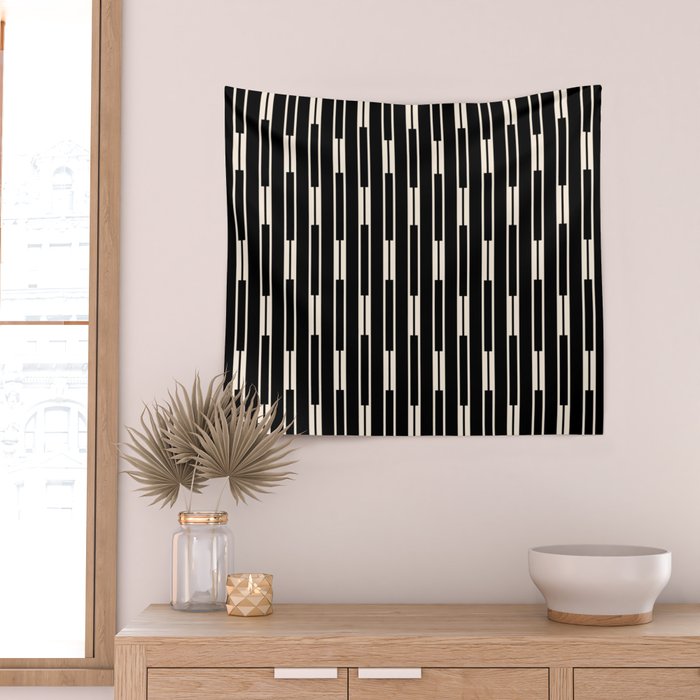 Minimalist Geo Chain Block Stripe Vertical Pattern in Black and Cream Wall Tapestry Gallery Image 2