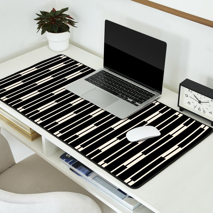 Minimalist Geo Chain Block Stripe Vertical Pattern in Black and Cream Desk Mat Gallery Image 2