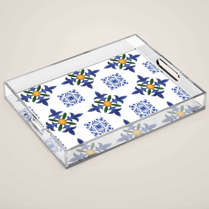 Mosaic,mediterranean,blue tiles art Acrylic Tray Gallery Image 1