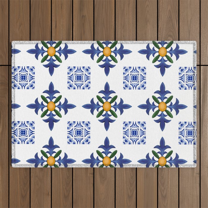 Mosaic,mediterranean,blue tiles art Outdoor Rug Gallery Image 1