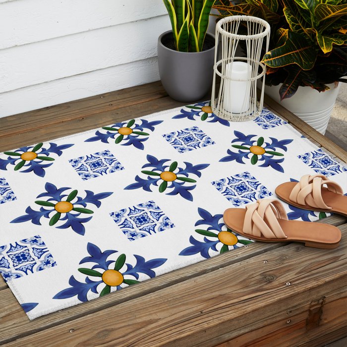Mosaic,mediterranean,blue tiles art Outdoor Rug Gallery Image 2