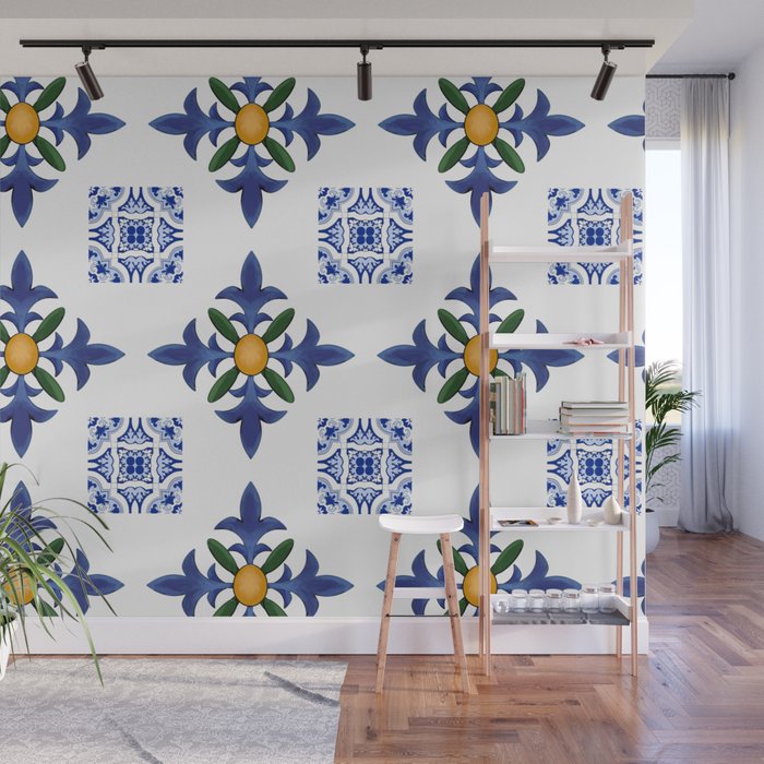 Mosaic,mediterranean,blue tiles art Wall Mural Gallery Image 1