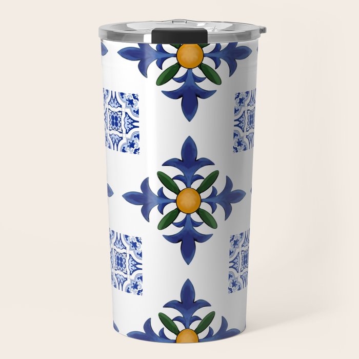 Mosaic,mediterranean,blue tiles art Travel Mug Gallery Image 1