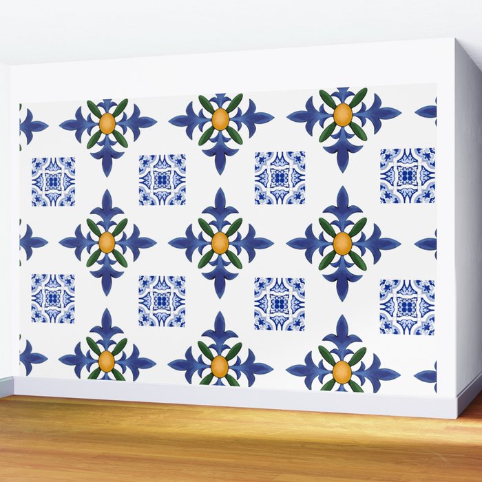 Mosaic,mediterranean,blue tiles art Wall Mural Gallery Image 2