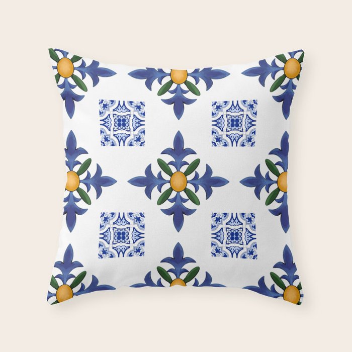 Mosaic,mediterranean,blue tiles art Throw Pillow Gallery Image 6