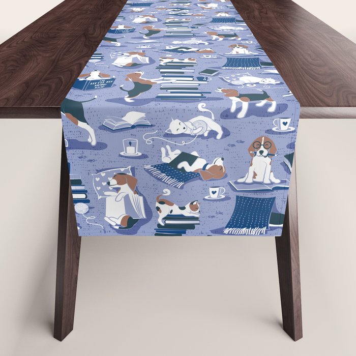 Life is better with books a hot drink and a friend // indigo blue background brown white and blue beagles and cats and classic blue cozy details Table Runner Gallery Image 1