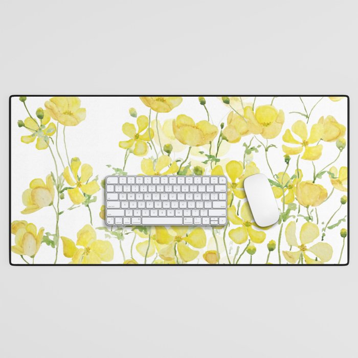 yellow buttercup flowers filed watercolor  Desk Mat Gallery Image 1