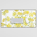 yellow buttercup flowers filed watercolor  Desk Mat Gallery Image 1
