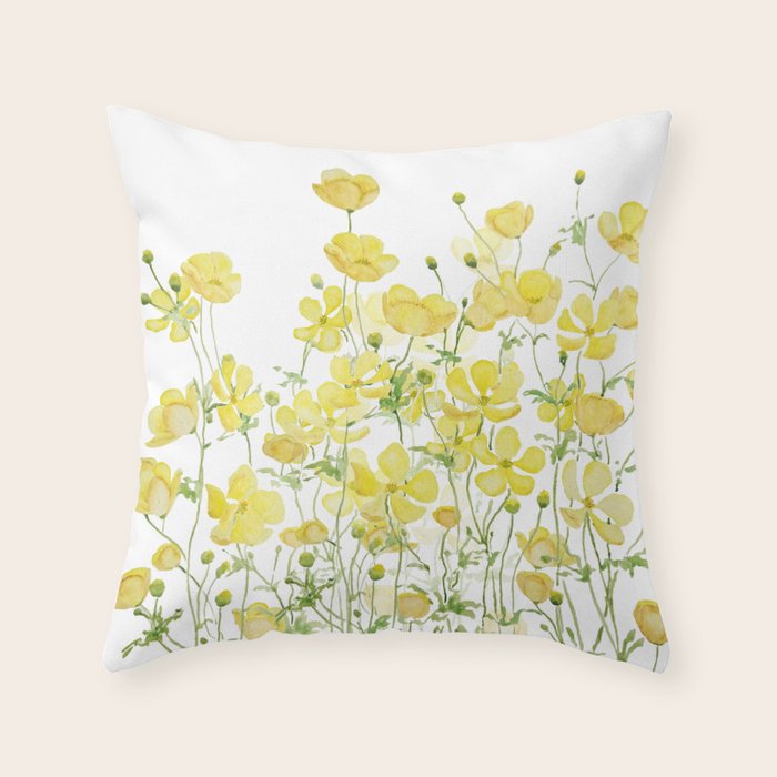 yellow buttercup flowers filed watercolor  Throw Pillow Gallery Image 6