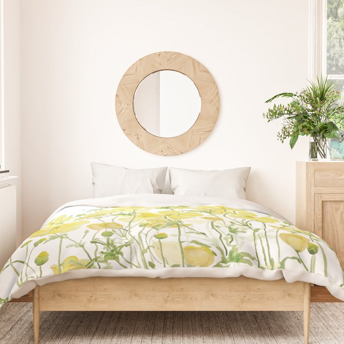 yellow buttercup flowers filed watercolor  Duvet Cover Gallery Image 3