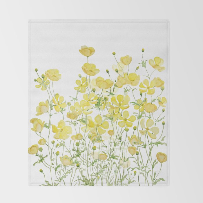 yellow buttercup flowers filed watercolor  Throw Blanket Gallery Image 2