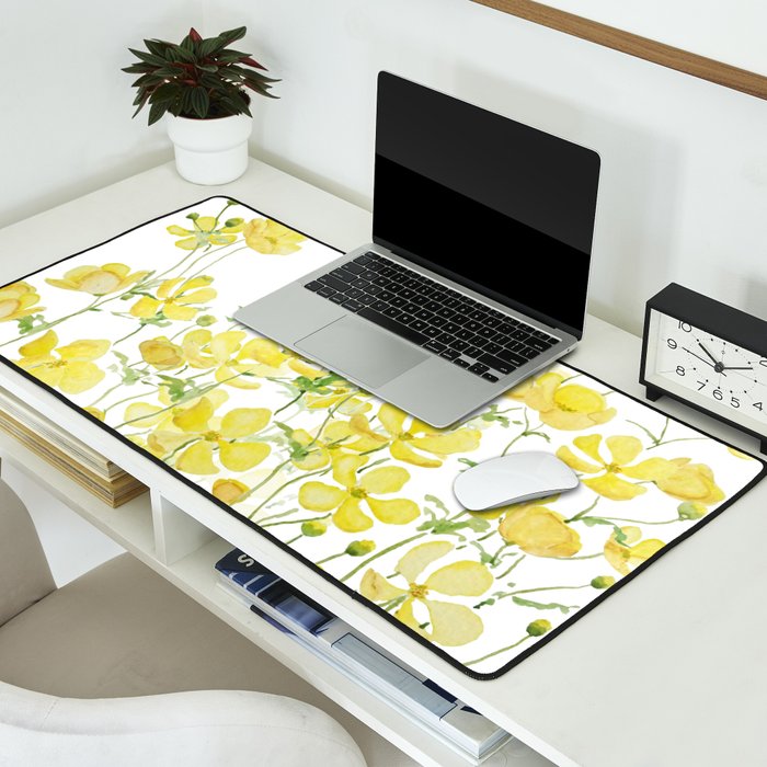 yellow buttercup flowers filed watercolor  Desk Mat Gallery Image 2