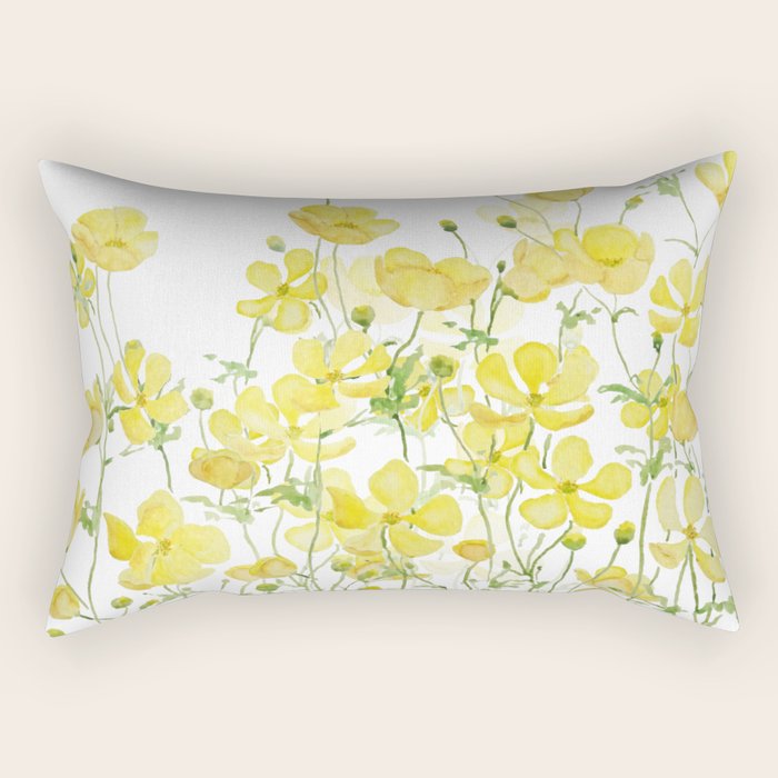 yellow buttercup flowers filed watercolor  Rectangular Pillow Gallery Image 1