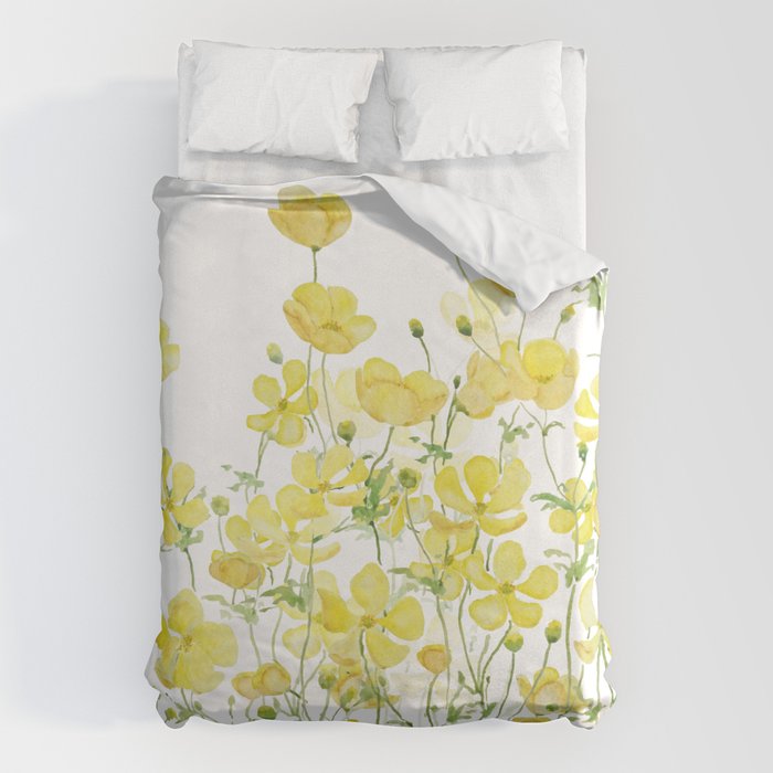 yellow buttercup flowers filed watercolor  Duvet Cover Gallery Image 1
