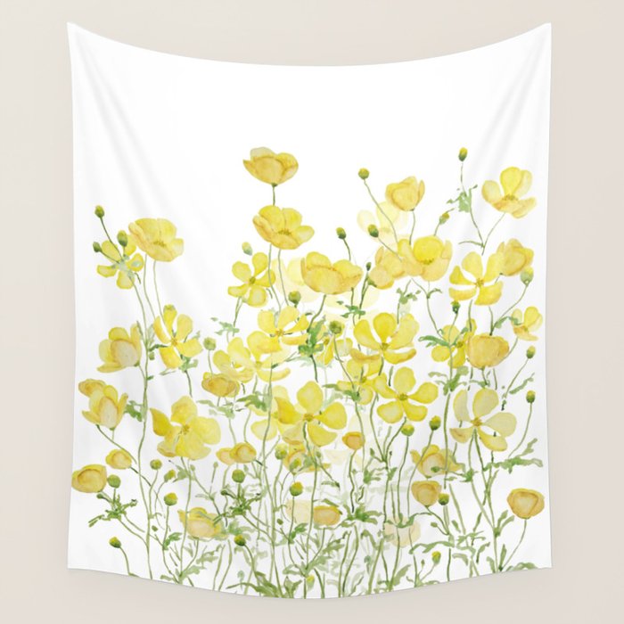 yellow buttercup flowers filed watercolor  Wall Tapestry Gallery Image 4