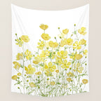 yellow buttercup flowers filed watercolor  Wall Tapestry Gallery Image 4