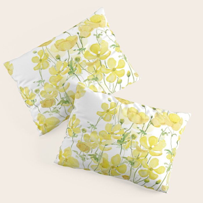 yellow buttercup flowers filed watercolor  Pillow Sham Gallery Image 3