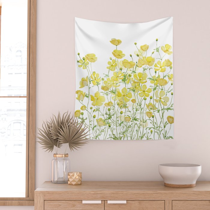 yellow buttercup flowers filed watercolor  Wall Tapestry Gallery Image 2