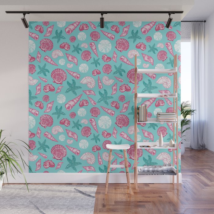 Seashell Pattern - Pink and mint Wall Mural Gallery Image 1