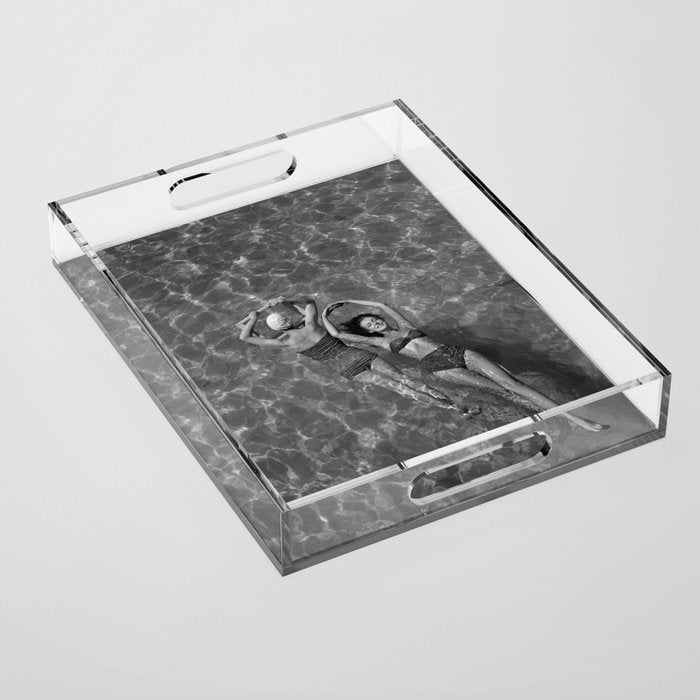 Vintage 1948 women swimming fashion photoshoot fun in the summertime black and white photographic art print Acrylic Tray Gallery Image 1