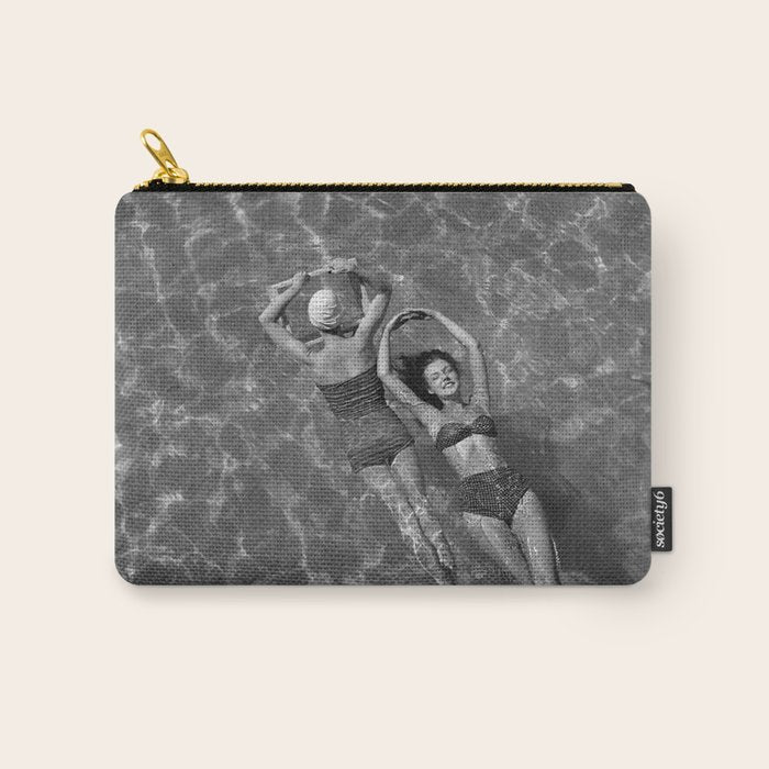 Vintage 1948 women swimming fashion photoshoot fun in the summertime black and white photographic art print Carry All Pouch Gallery Image 1