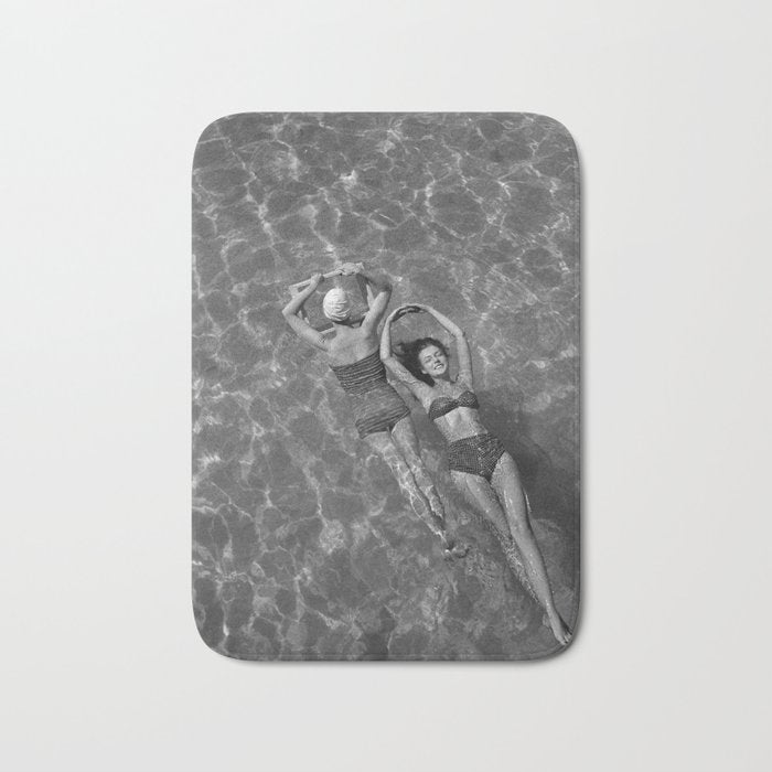 Vintage 1948 women swimming fashion photoshoot fun in the summertime black and white photographic art print Bath Mat Gallery Image 1