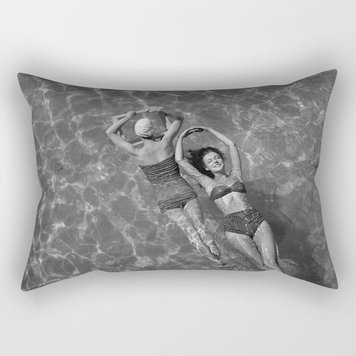 Vintage 1948 women swimming fashion photoshoot fun in the summertime black and white photographic art print Rectangular Pillow Gallery Image 2