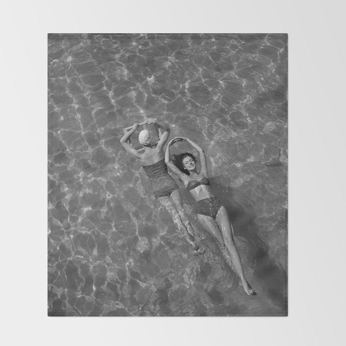Vintage 1948 women swimming fashion photoshoot fun in the summertime black and white photographic art print Throw Blanket Gallery Image 2