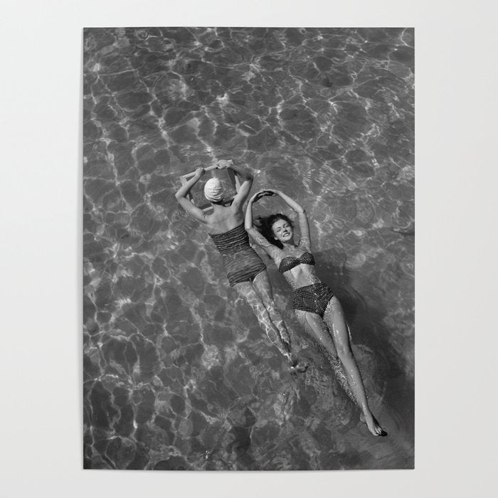 Vintage 1948 women swimming fashion photoshoot fun in the summertime black and white photographic art print Poster Gallery Image 1