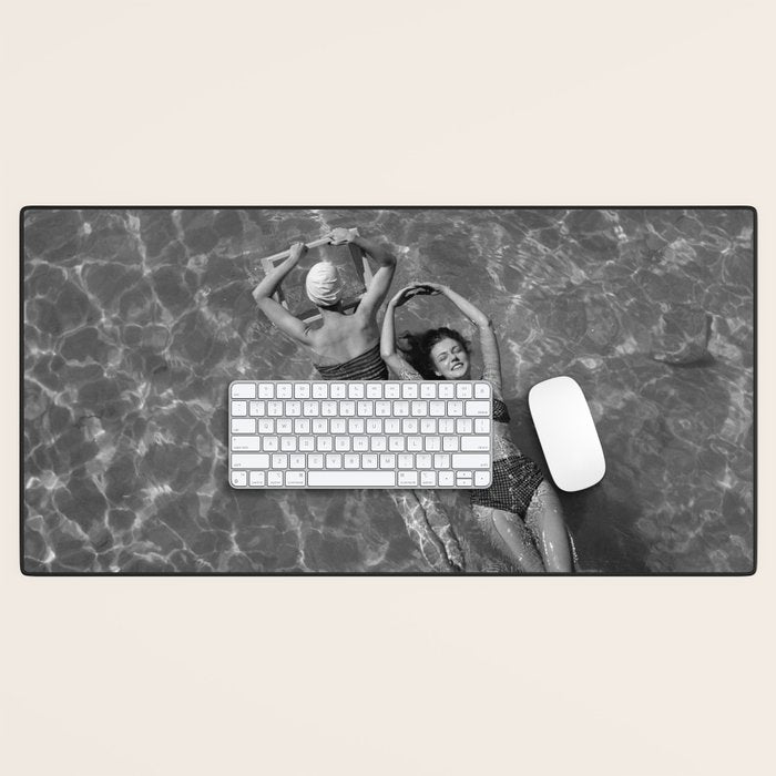 Vintage 1948 women swimming fashion photoshoot fun in the summertime black and white photographic art print Desk Mat Gallery Image 1