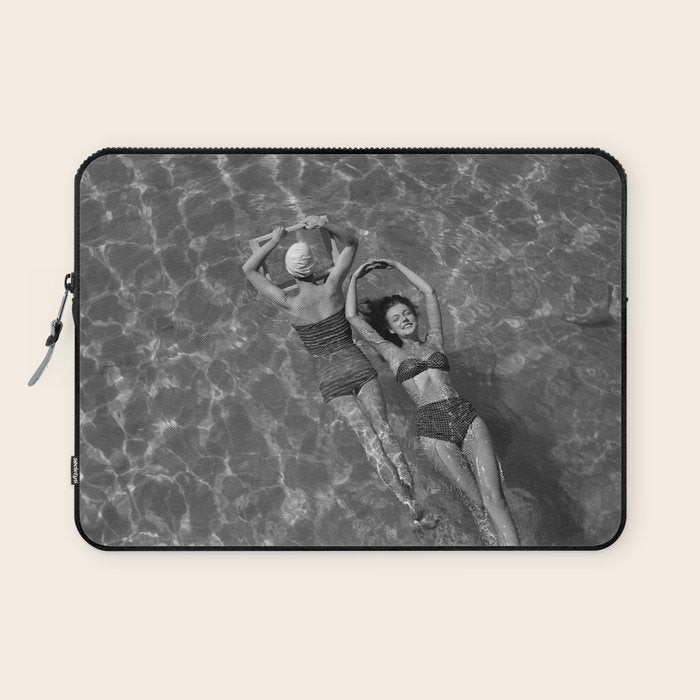 Vintage 1948 women swimming fashion photoshoot fun in the summertime black and white photographic art print Laptop Sleeve Gallery Image 1