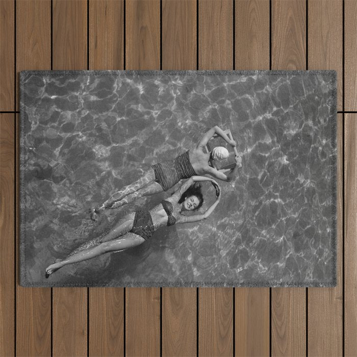 Vintage 1948 women swimming fashion photoshoot fun in the summertime black and white photographic art print Outdoor Rug Gallery Image 1